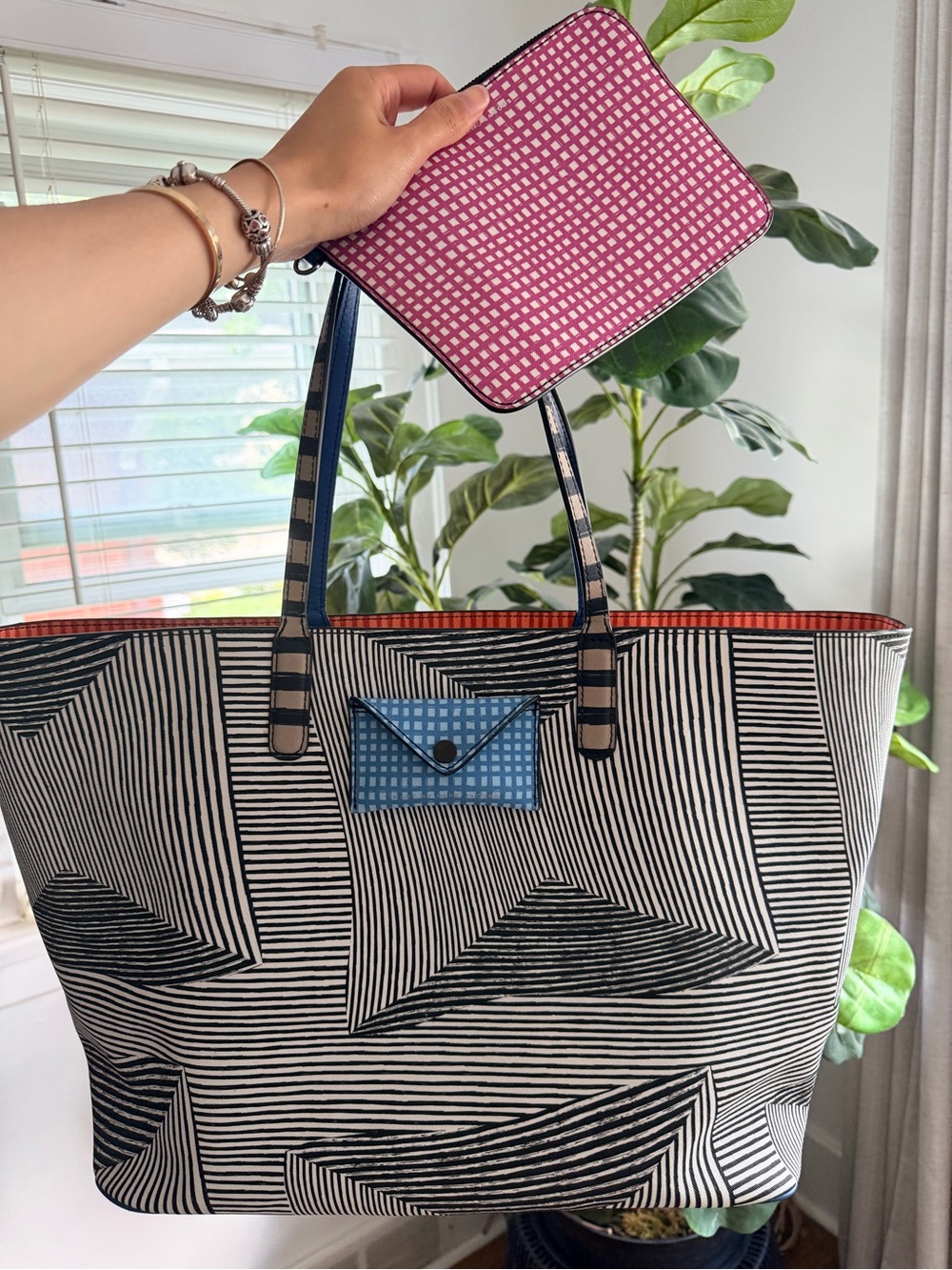 Marc By Marc Jacobs Black & White Geometric Tote with Pink Zip Pouch